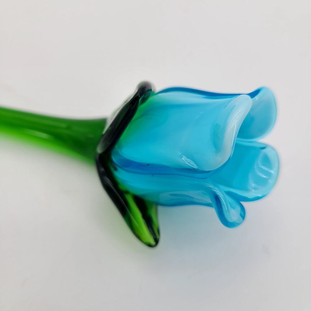 Vintage Blown Art Glass Long 12" Green Stemmed Blue Rose Bud Decorative Flower - Picture 2 of 6